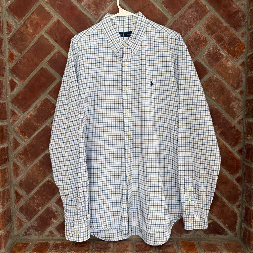 Ralph Lauren Button Down Shirt Mens XL Blue Plaid Long Sleeve Thick Cotton - Picture 2 of 9